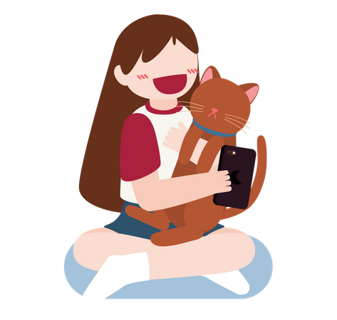 Girl clicking selfie with pet cat  Illustration