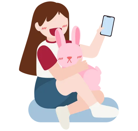 Girl clicking selfie with teddy  Illustration
