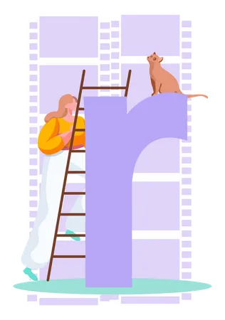 Girl climbing to letter R Illustration