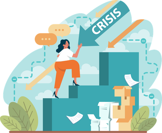 Girl climbing up while getting business loss  Illustration