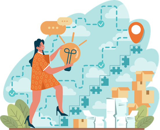 Girl climbing up with business idea  Illustration