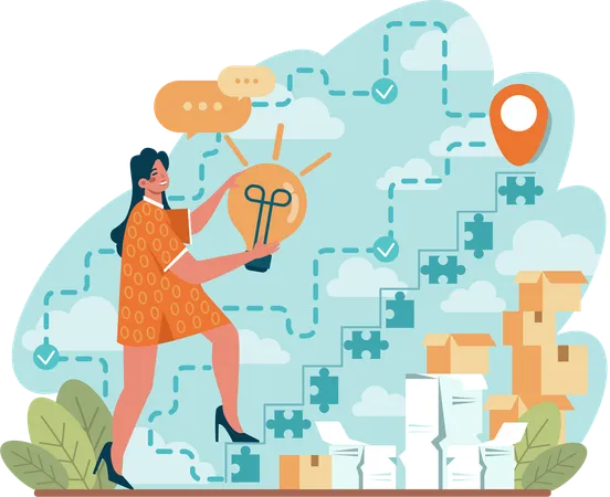 Girl climbing up with business idea  Illustration