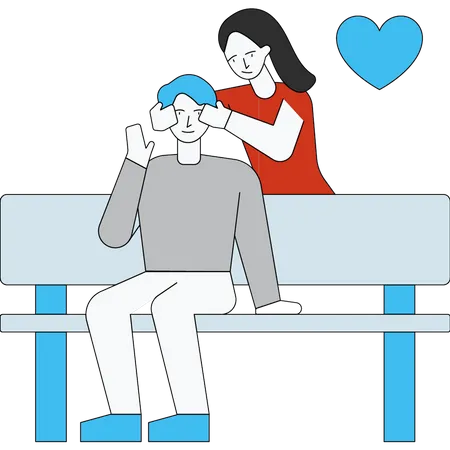 Girl closed the boy eyes with her hands  Illustration