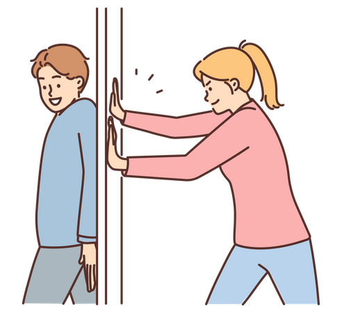 Girl closing door and pushing boy  Illustration