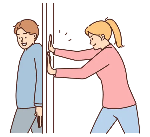 Girl closing door and pushing boy  Illustration