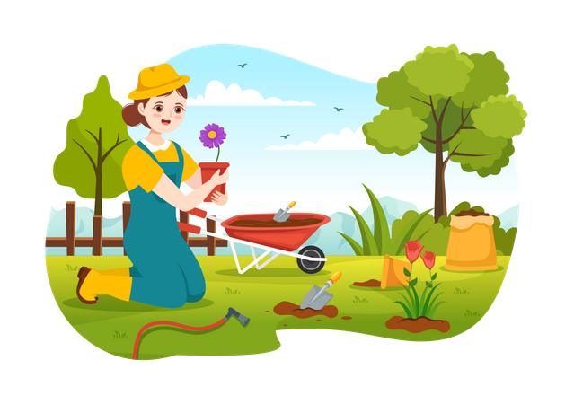 Girl collecting flower pot  일러스트레이션