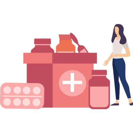 Girl collecting medical supplements for donation  Illustration