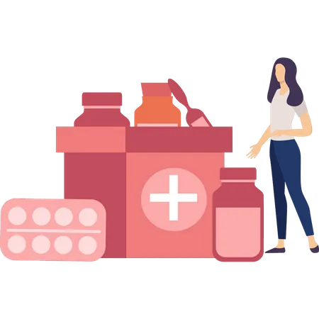 Girl collecting medical supplements for donation  Illustration