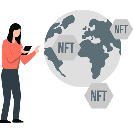 Girl collecting NFTs around the world  Illustration