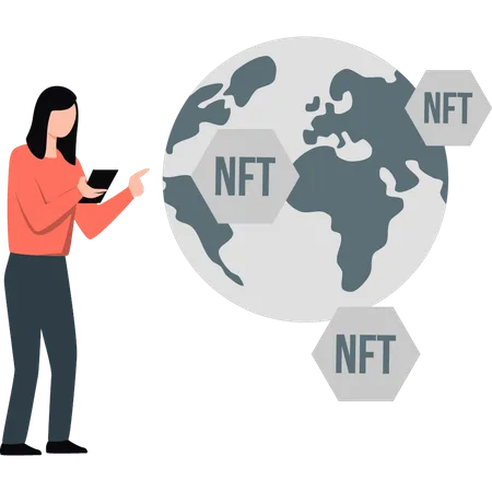 Girl collecting NFTs around the world  Illustration