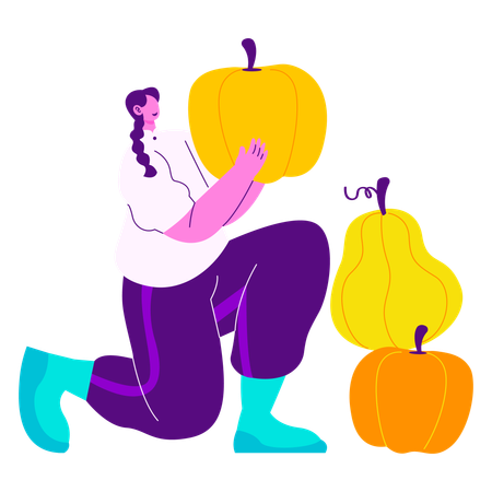 Girl collecting pumpkins  Illustration