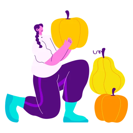 Girl collecting pumpkins  Illustration