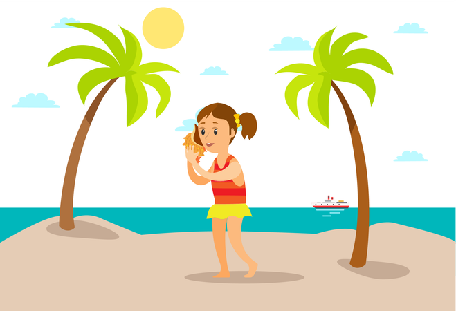 Girl collects seashell from beach  Illustration
