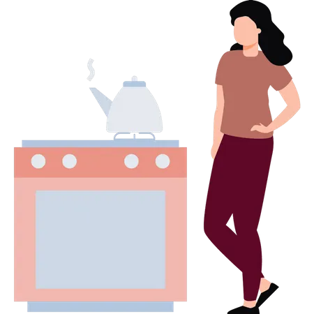 Girl coming to check kettle on stove  Illustration