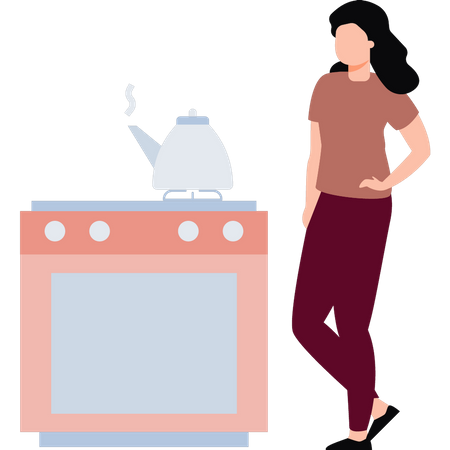 Girl coming to check kettle on stove  Illustration