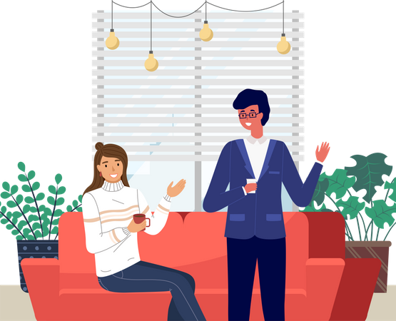 Girl communicates with man and drink coffee Illustration