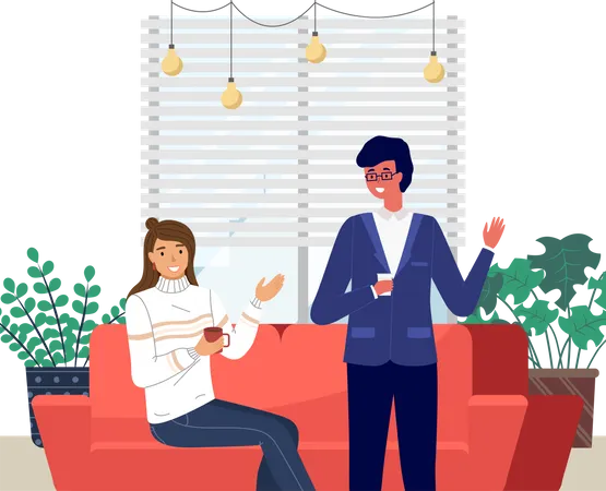 Girl communicates with man and drink coffee  Illustration