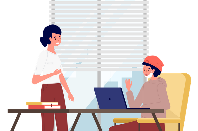 Girl communicating with guy in protective medical face mask looking at laptop in office room  Illustration