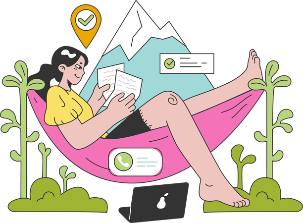 Girl completing assignment while on vacation  Illustration