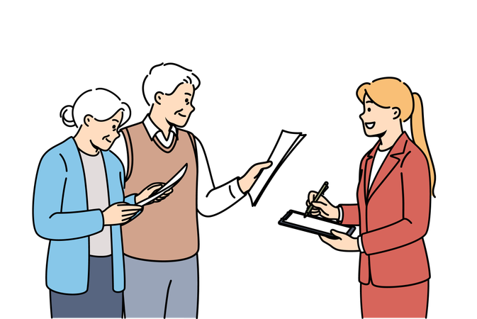 Girl conducts survey of older people and issuing questionnaires to study quality life after retirement  Illustration