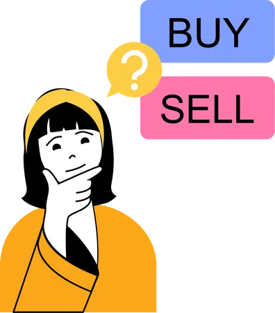 Girl confused for buy or sell stock  Illustration