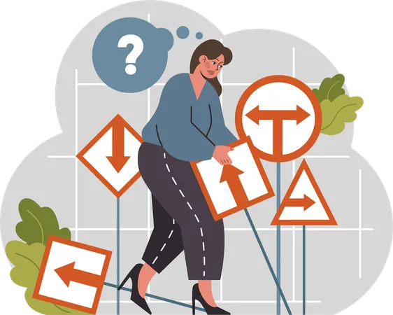 Girl confused for choosing right direction  Illustration