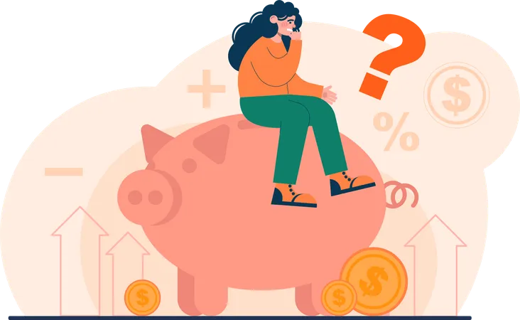 Girl confused for piggy savings  Illustration