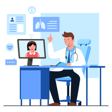 Girl consulting doctor online about lung disease Illustration
