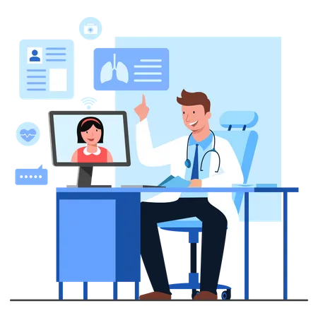 Girl consulting doctor online about lung disease  Illustration