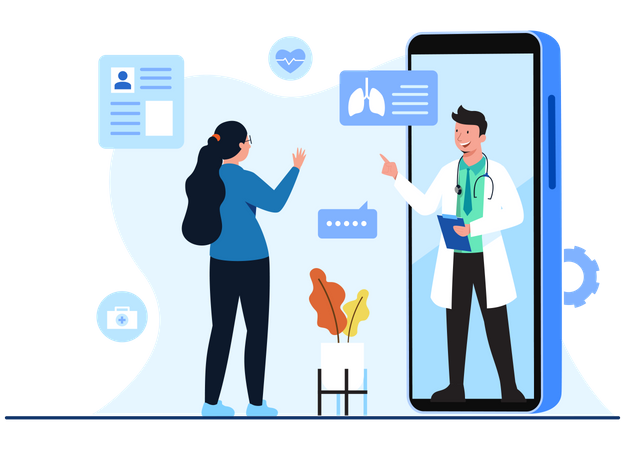 Girl consulting doctor via smartphone app Illustration