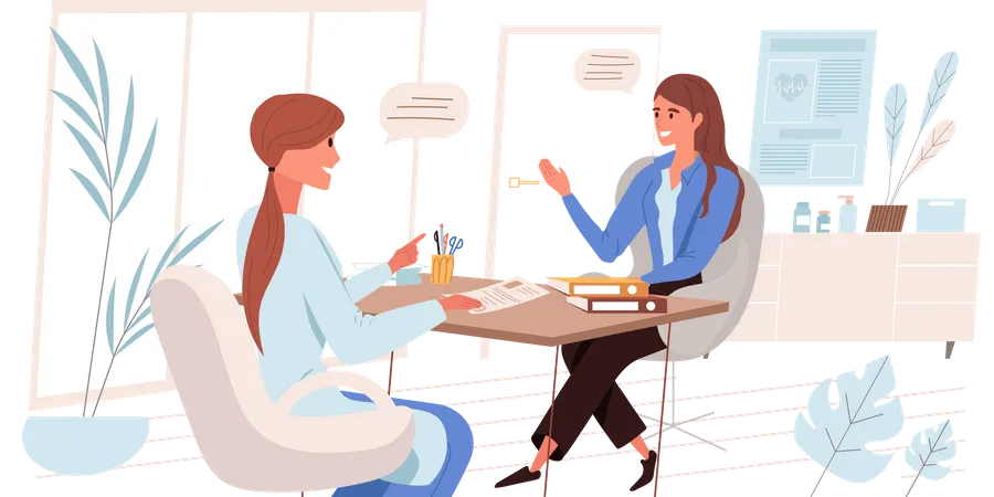 Medical Clinic Concept In Flat Design Patient Is Talking To Doctor In Office Therapist Consults Woman Diagnoses Her And Prescribes Treatment Medical Services People Scene Vector Illustration Illustration
