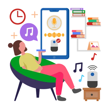 Girl Control Home with Smart Speaker  Illustration
