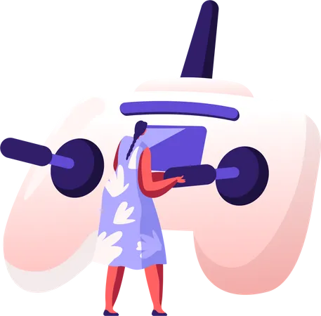 Young Woman Holding Telecontrol Pad In Hands For Navigating Flying Drone With Remote Control Girl Having Fun In Countryside With Quadcopter Playing And Taking Pictures Cartoon Flat Vector Illustration Illustration