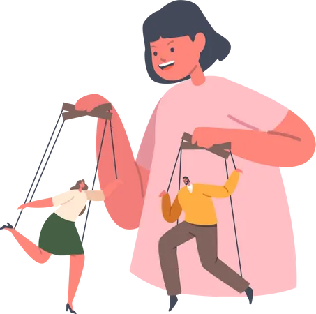 Girl Controlling Parents like Puppeteer  Illustration