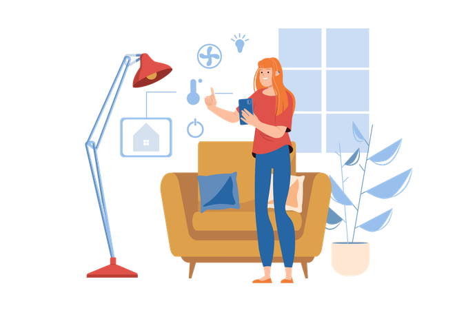 Girl controls her smart home using her phone  Illustration