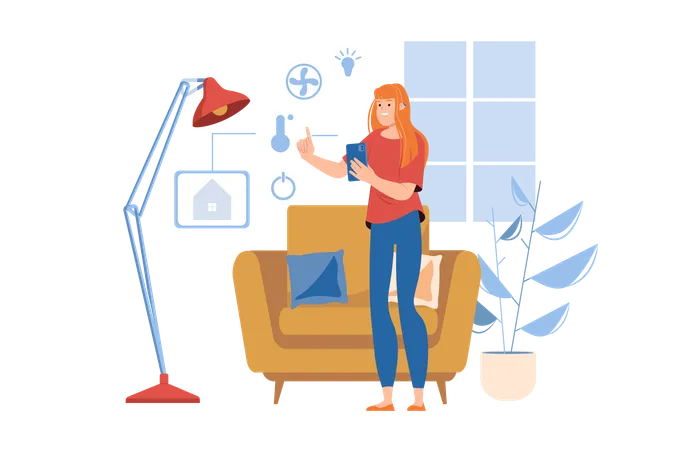Smart Home Blue Concept With People Scene In The Flat Cartoon Design Illustration