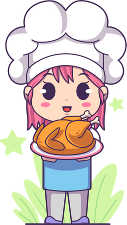 Girl cooking chicken  Illustration