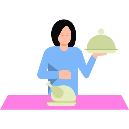 The Girl Is Cooking Chicken Illustration