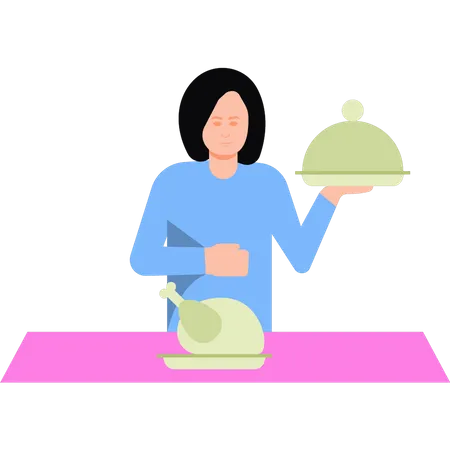 Girl cooking chicken  Illustration