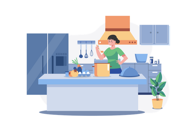 Girl cooking food at the kitchen desk  Illustration