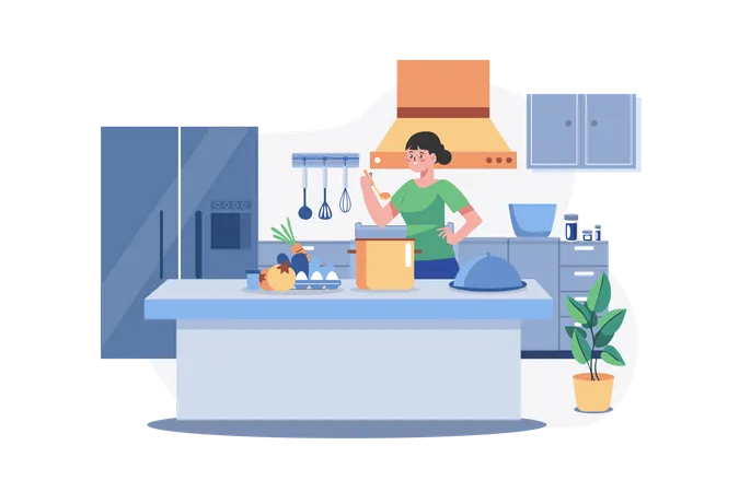 Girl cooking food at the kitchen desk  Illustration