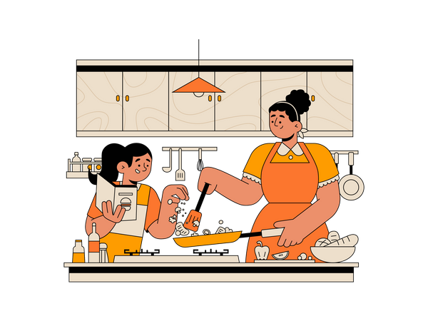 Girl cooking food with mother Illustration