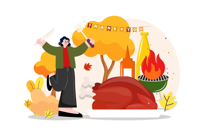 Girl Cooking For Thanksgiving  Illustration