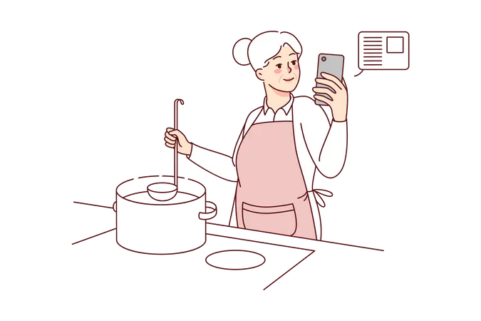 Girl cooking from online recipe tutorial  Illustration