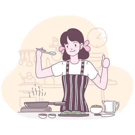 Vector Flat Illustration With A Girl Who Cooks In The Kitchen Illustration