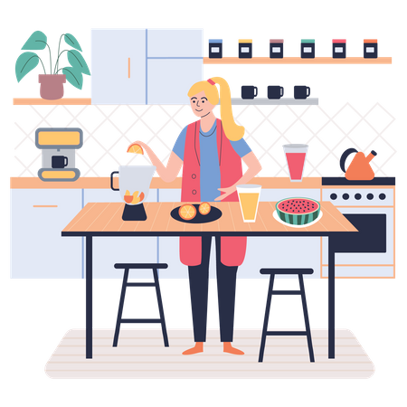 Girl cooking in kitchen Illustration