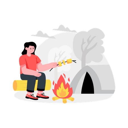 Girl cooking Marshmallows On Campfire  Illustration