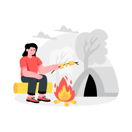 Girl cooking Marshmallows On Campfire  Illustration