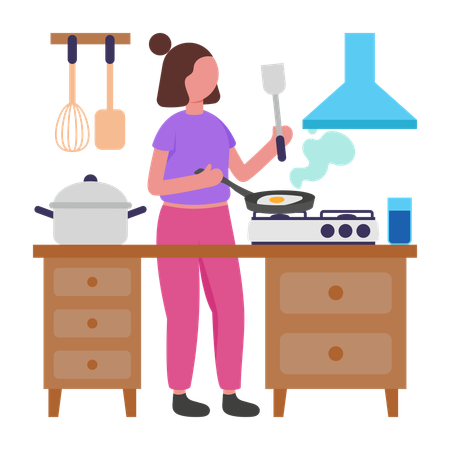 Girl Cooking Morning Fried Eggs  Illustration