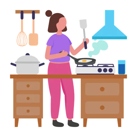 Girl Cooking Morning Fried Eggs  Illustration